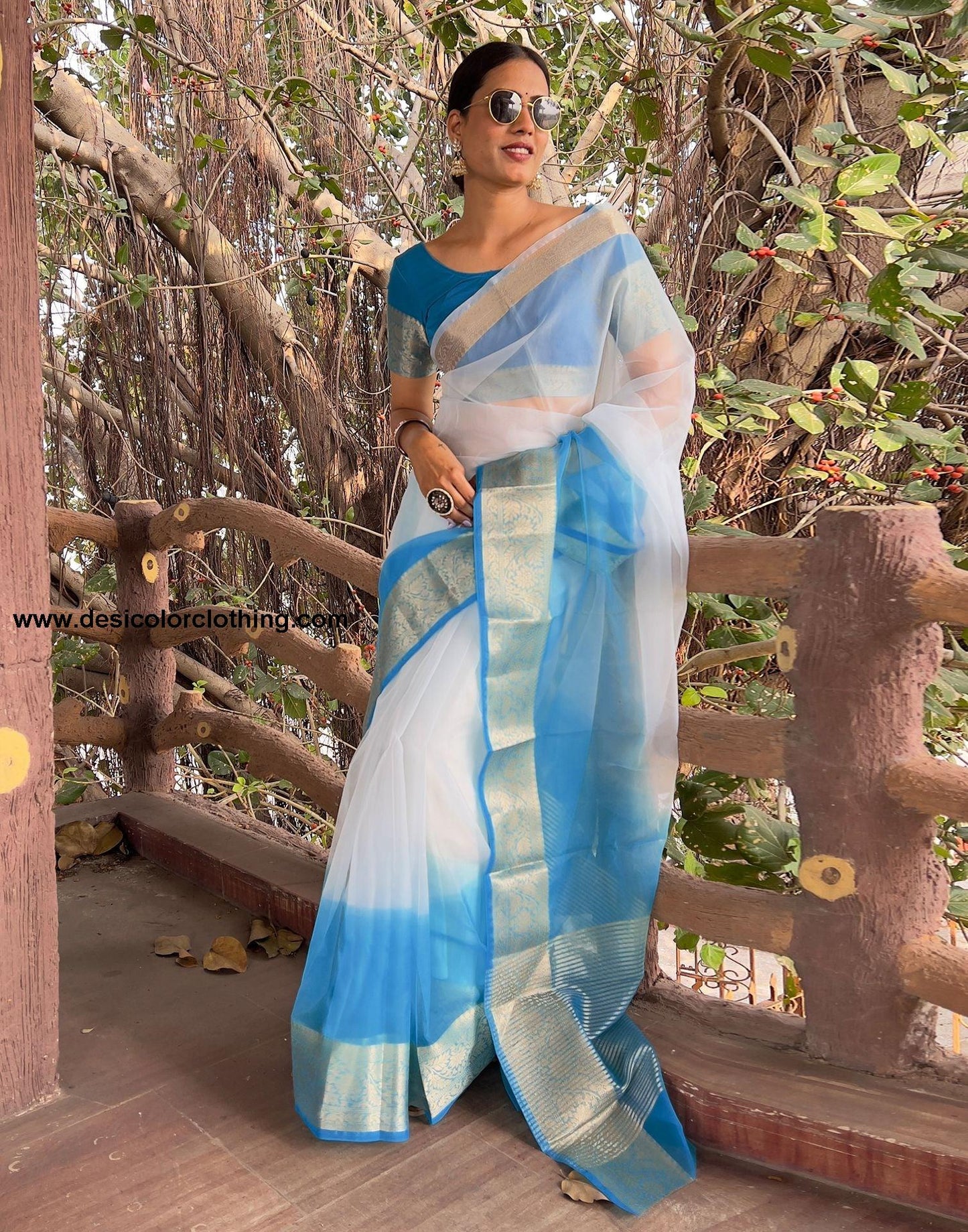 Blue Plain Organza Saree