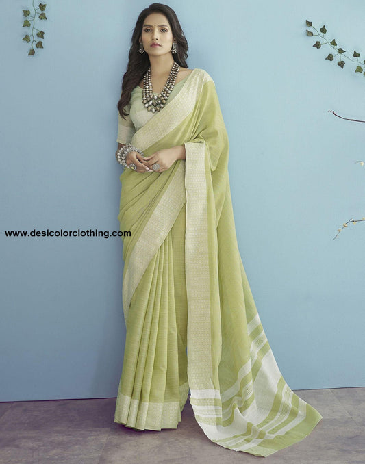 Pista Green Self Woven Plain Cotton Saree