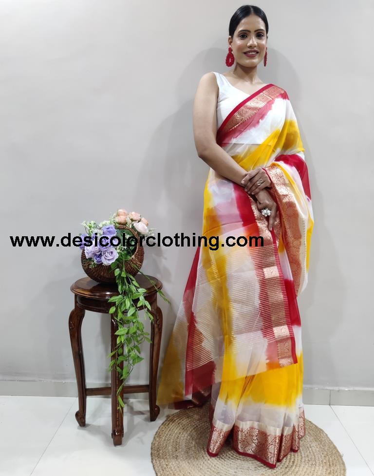 Red Organza Printed Saree