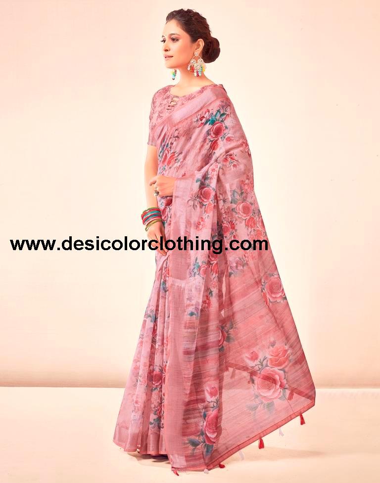Rose Pink Linen Printed Sarees