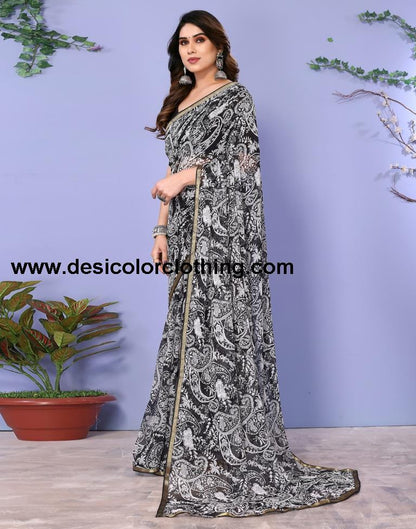 Black Chiffon Printed Saree
