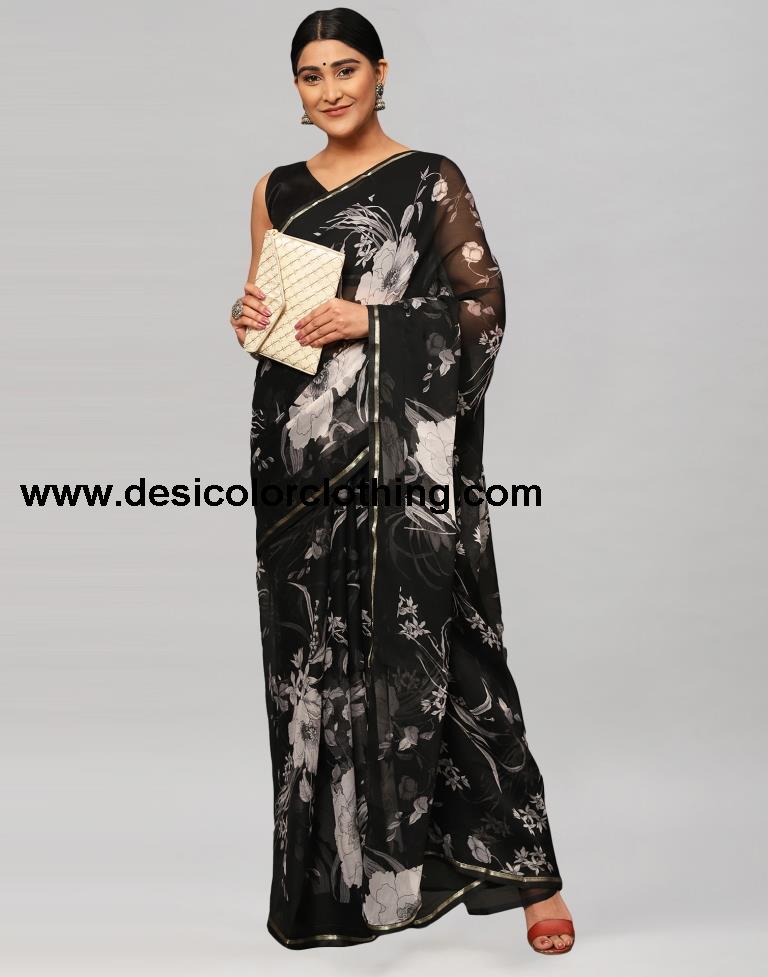 Black Printed Chiffon Saree