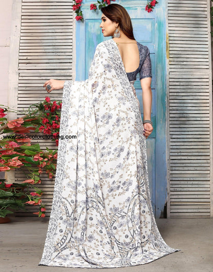 White Georgette Floral Printed Saree