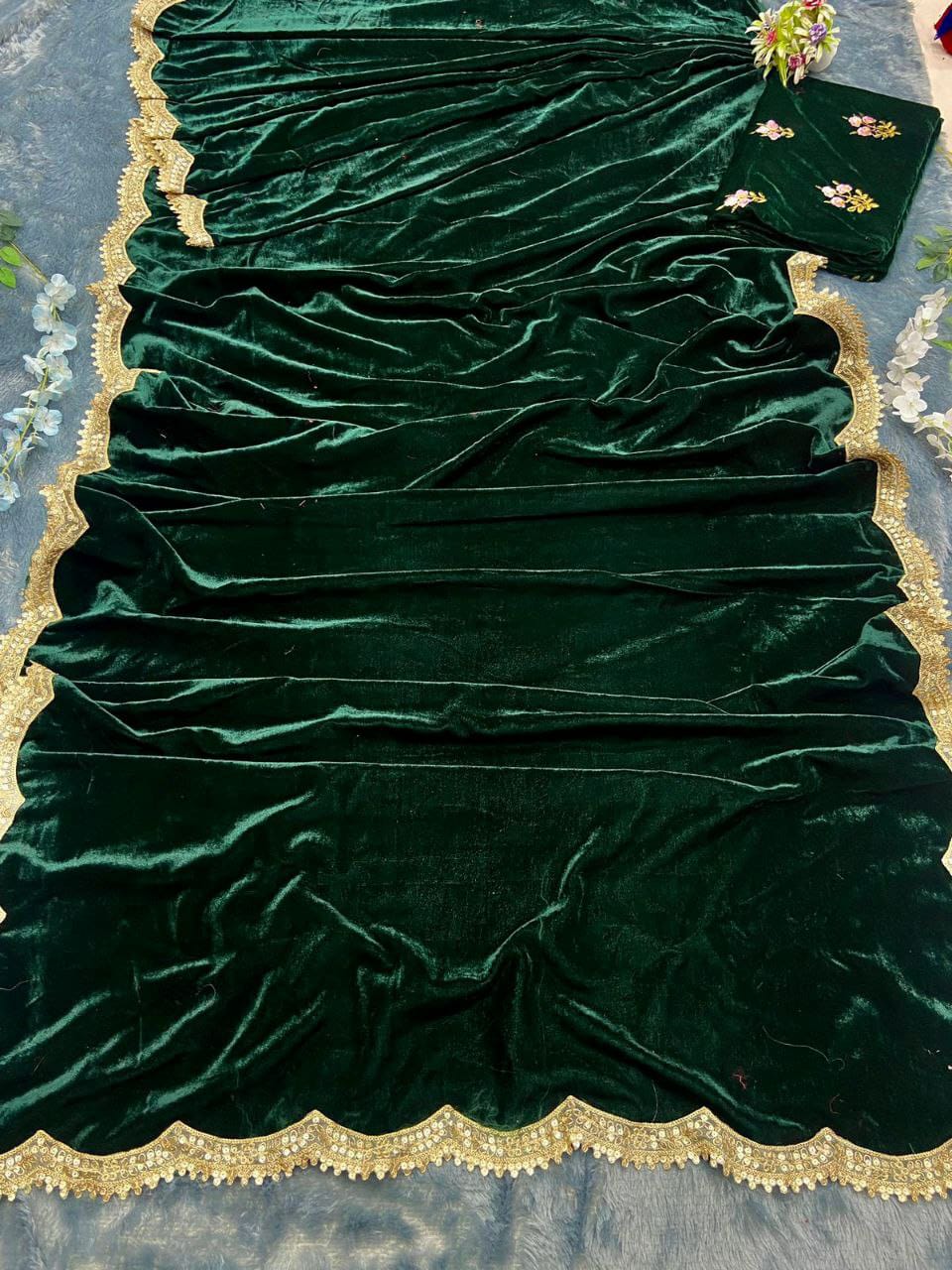 Product Image - Exquisite Ready-to-Wear Velvet Designer Saree with Embroidery and Sequins