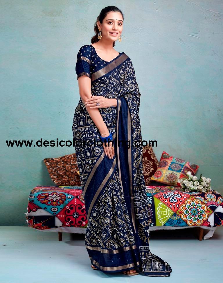 Dark Blue Silk Printed  Saree