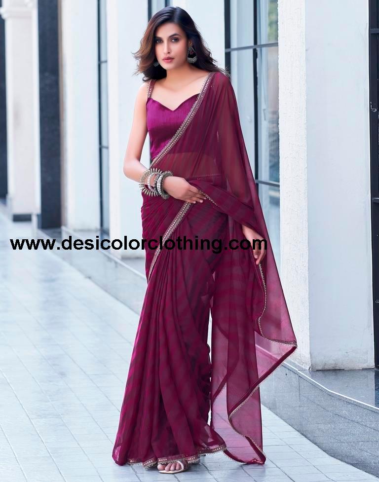 Wine Georgette Printed Saree