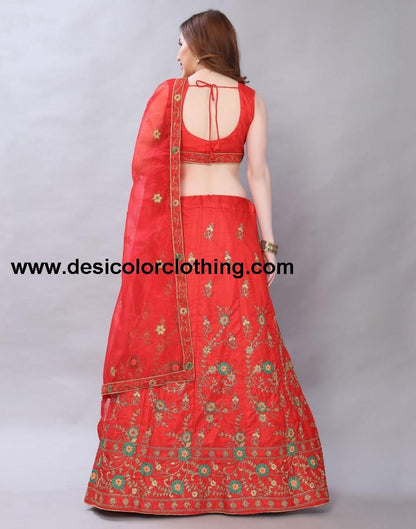 Peppy Red Coloured Poly Silk Embroidered Casual Wear Lehenga | SLV119L10399