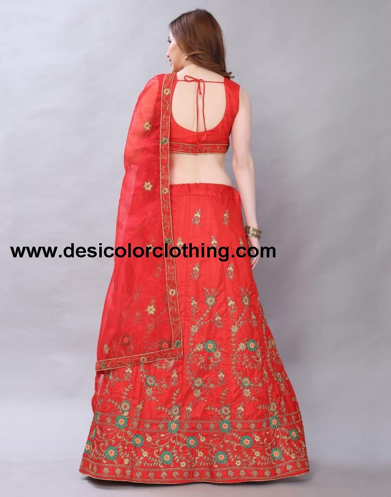 Peppy Red Coloured Poly Silk Embroidered Casual Wear Lehenga | SLV119L10399