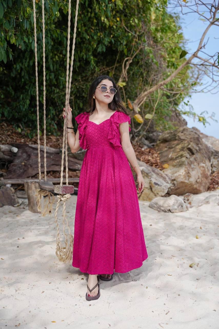 Product Image - Pink Blossom Designer Schiffli Cotton Dress - Perfect Festive Wear