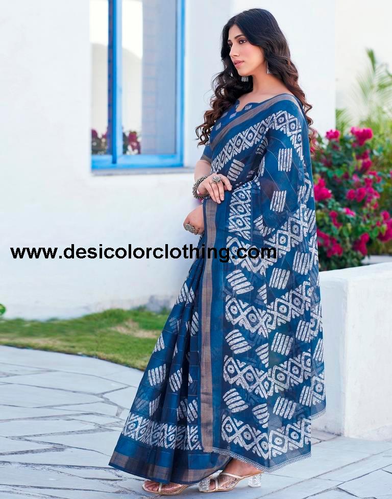 Dark Steel Blue Printed Cotton Saree