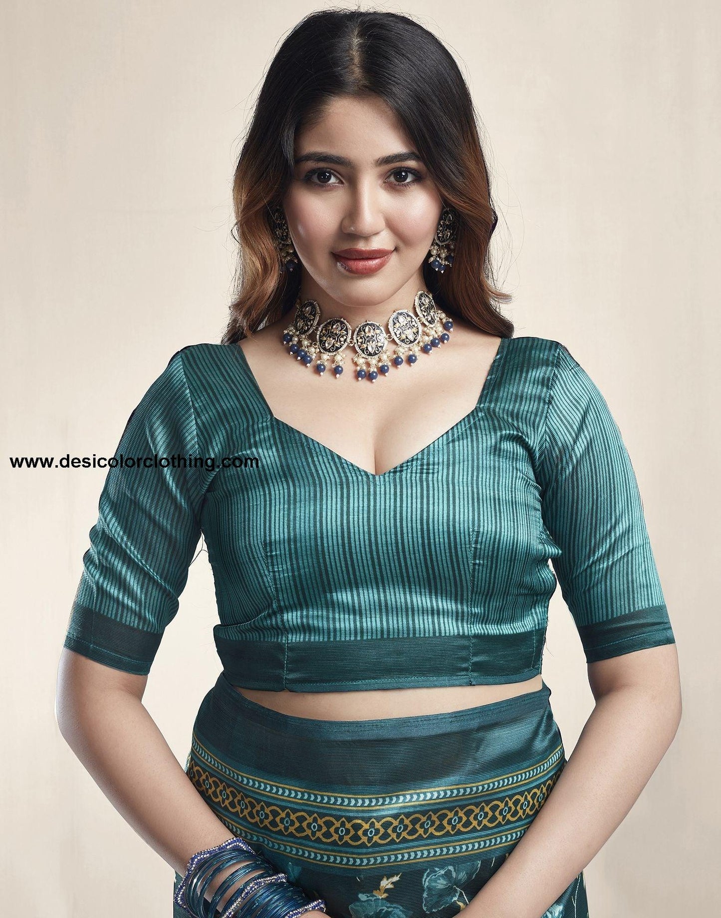 Dark Green Printed Silk Saree