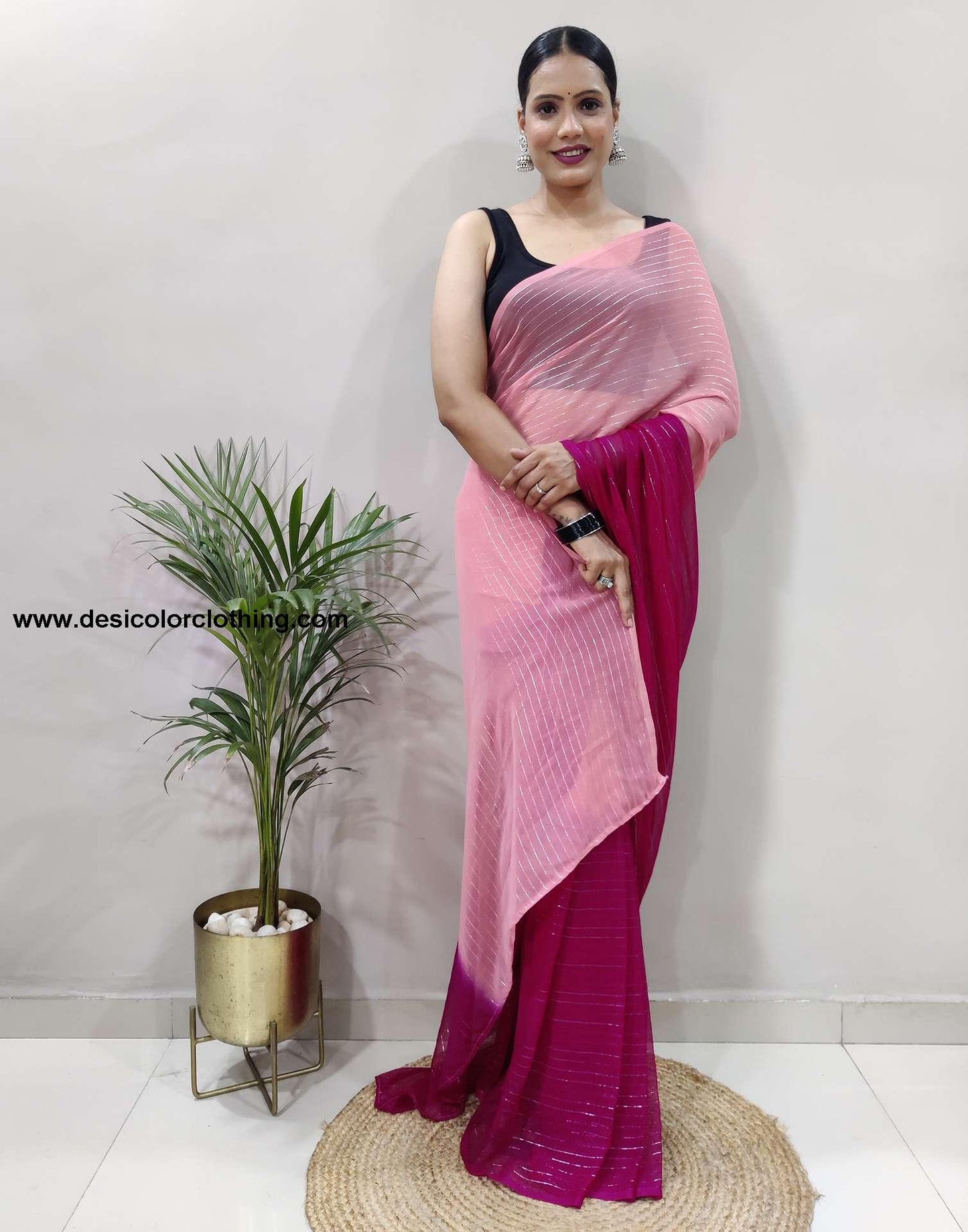 Peach Plain Georgette Pre-draped Saree
