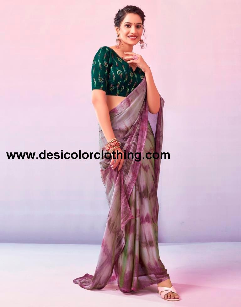 Wine Chiffon Printed Ready to Wear Saree