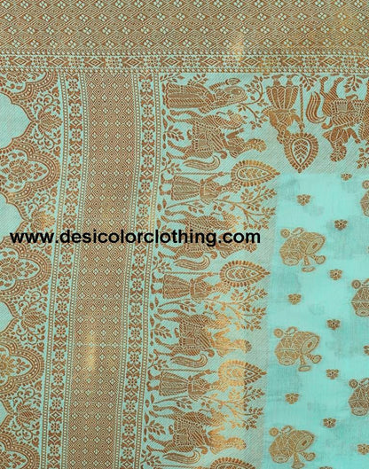 Elegant Blue and Golden Cotton Silk Saree with Plain Woven Design and Matching Blouse