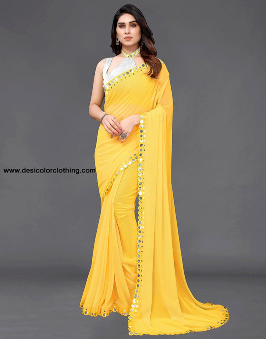Yellow Georgette Mirror Work Saree