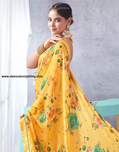 Yellow Printed Chiffon Saree