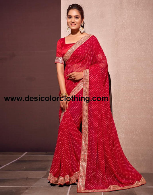 Deep Red Georgette Embroidery Saree
