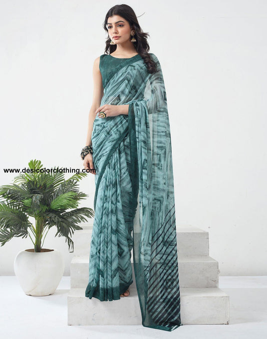 Dusty Green Printed Georgette Saree