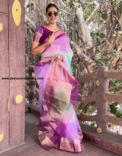 Dark Purple Plain Organza Saree