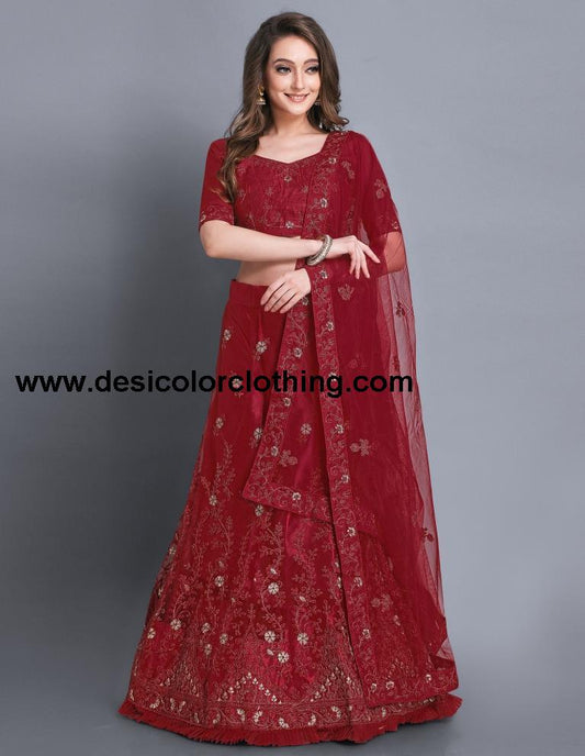 Outstanding Red Coloured Net Emroidered Laced Casual Wear Lehenga | SLV113L10319