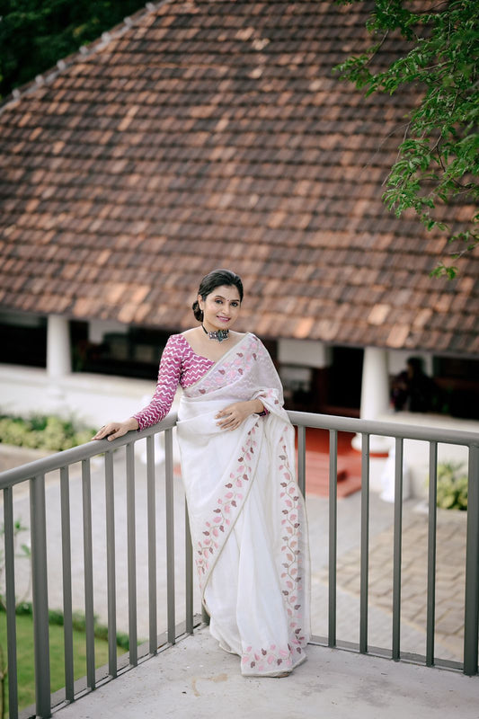 Product Image - Designer Georgette Saree with Embroidered Leaf Design | Premium Festive Wear