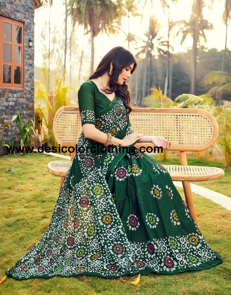 Bottle Green Cotton Printed Ready To Wear