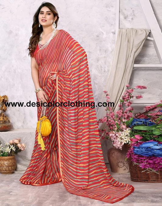 Red Chiffon Leheriya Printed Saree