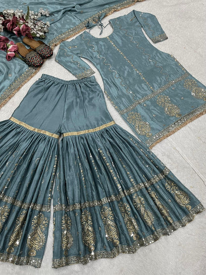 Product Image - Exclusive Designer Suit with Embroidered Chinon Silk