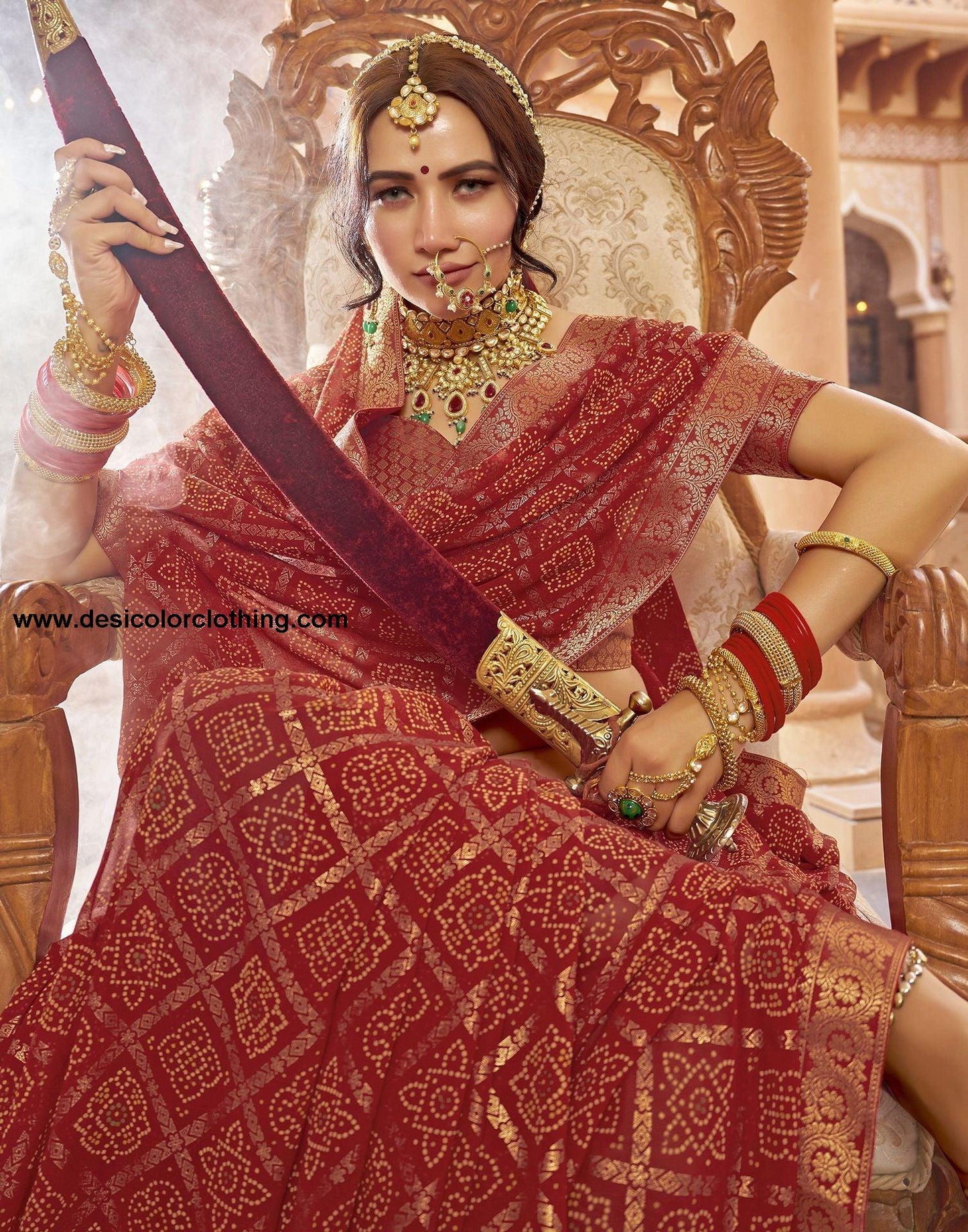 Cherry Red Jacquard Georgette Saree