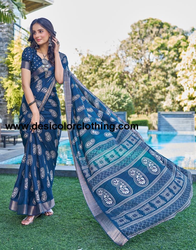 Dark Blue Silk Printed Saree