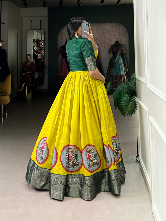 Product Image - Designer Dola Silk Gown with Kalamkari Print and Zari Weaving – Perfect for Weddings & Festive Occasions