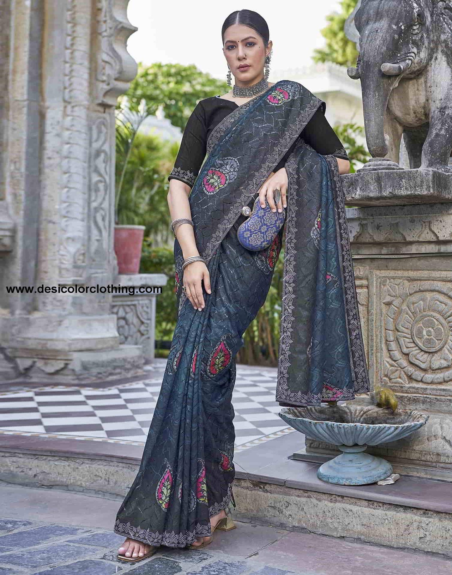 Blue Printed Net Stone Work Saree