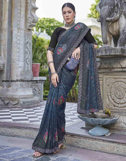Blue Printed Net Stone Work Saree