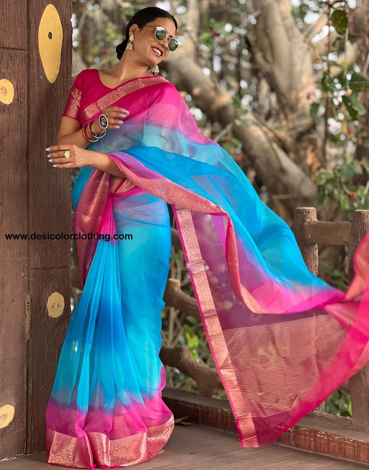 Rani Pink Plain Organza Saree