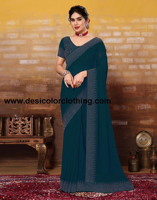 Dark Teal Blue Plain Georgette Saree