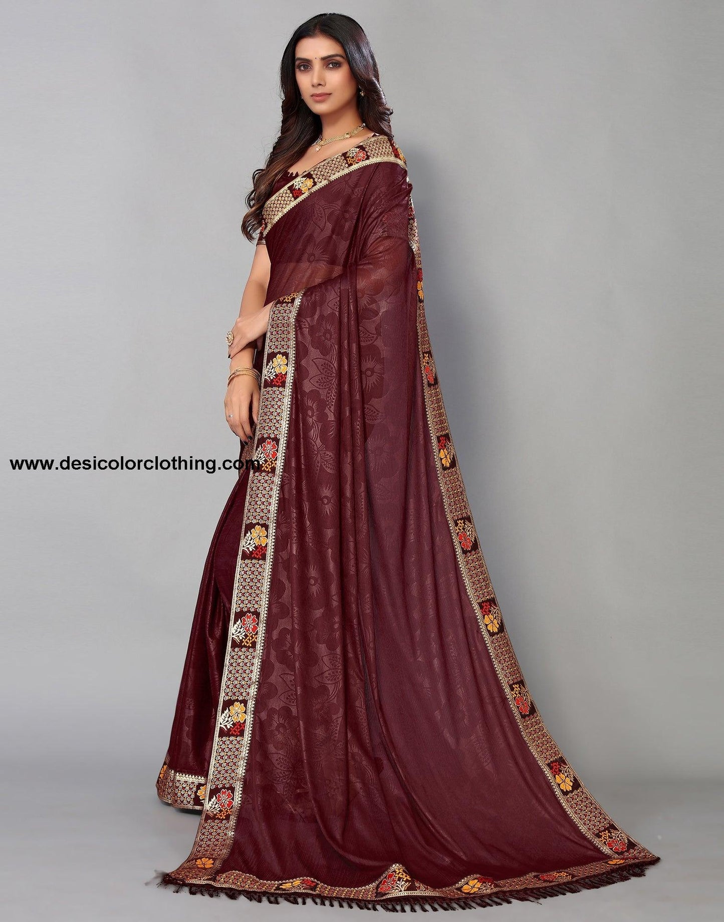 Dark Brown Lycra Printed Saree