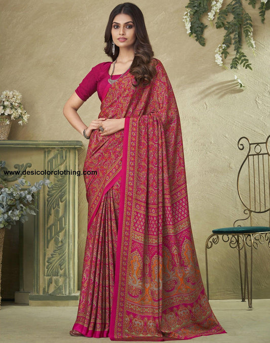 Dark Pink Silk Floral Printed Saree