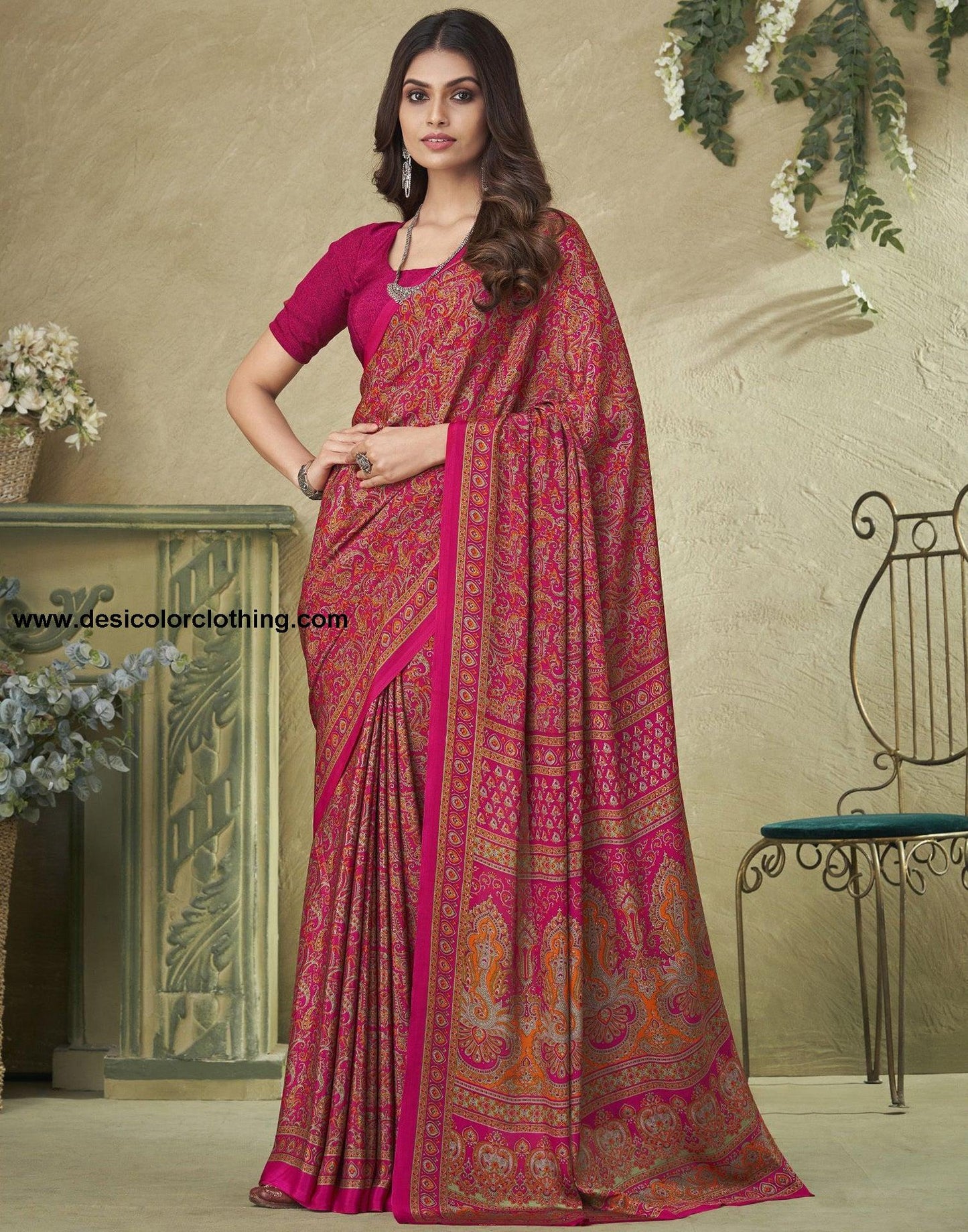Dark Pink Silk Floral Printed Saree