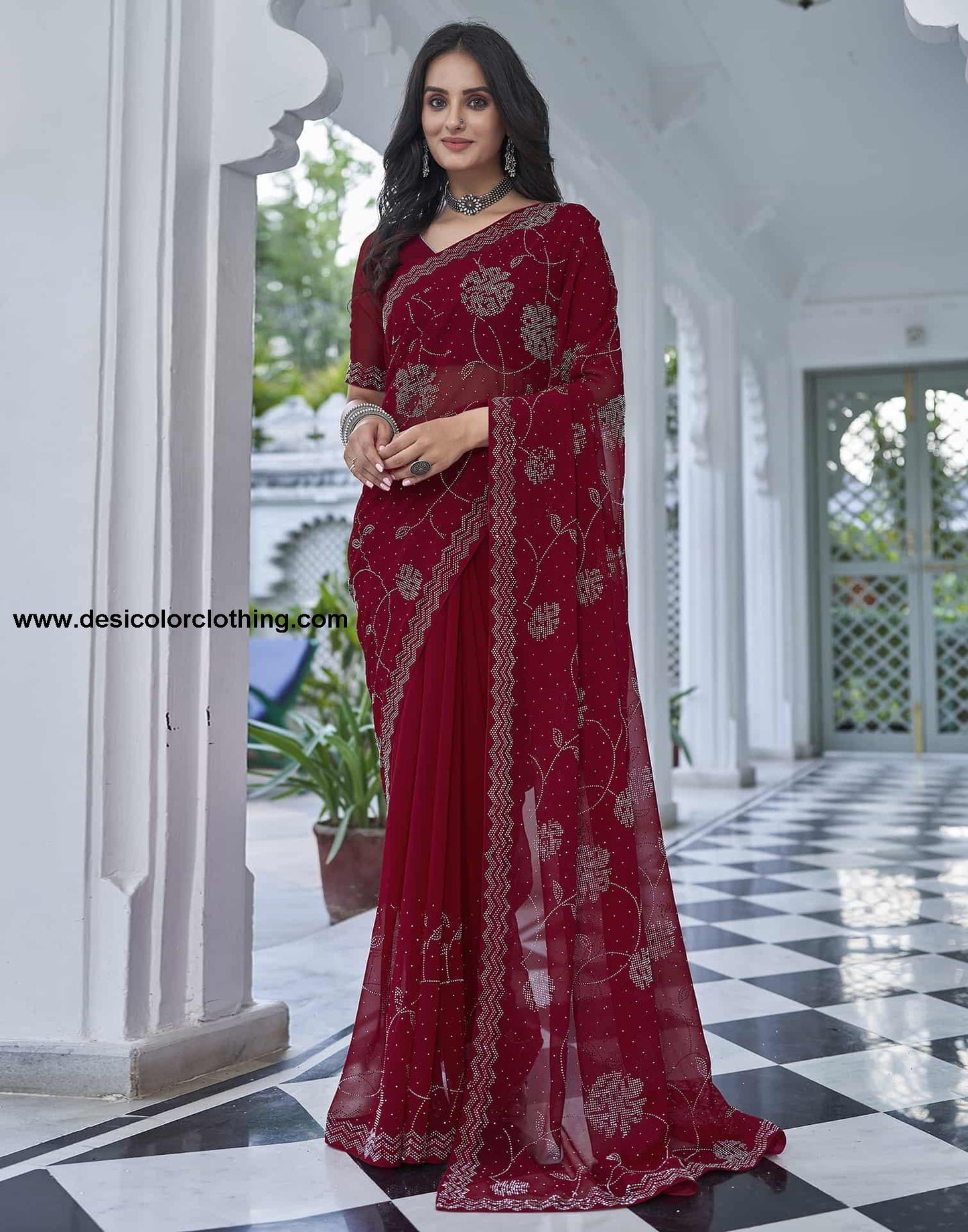 Red Swarovski Georgette Stone Work Saree