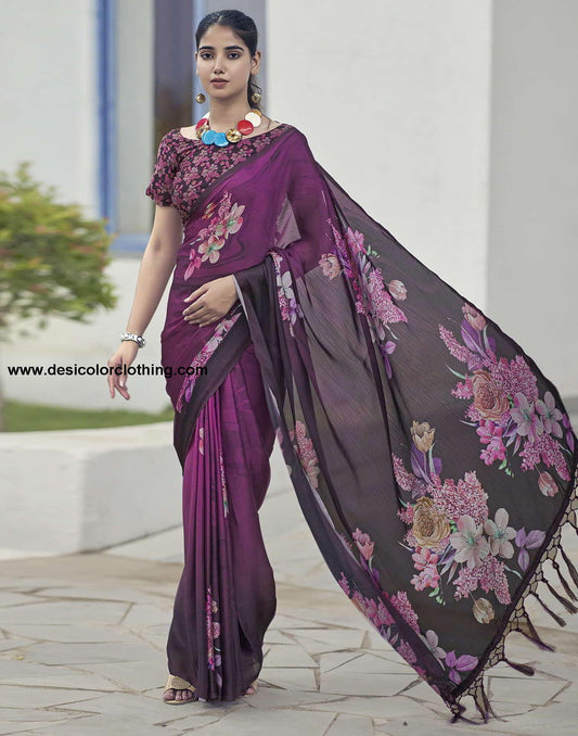 Black Printed Satin Saree