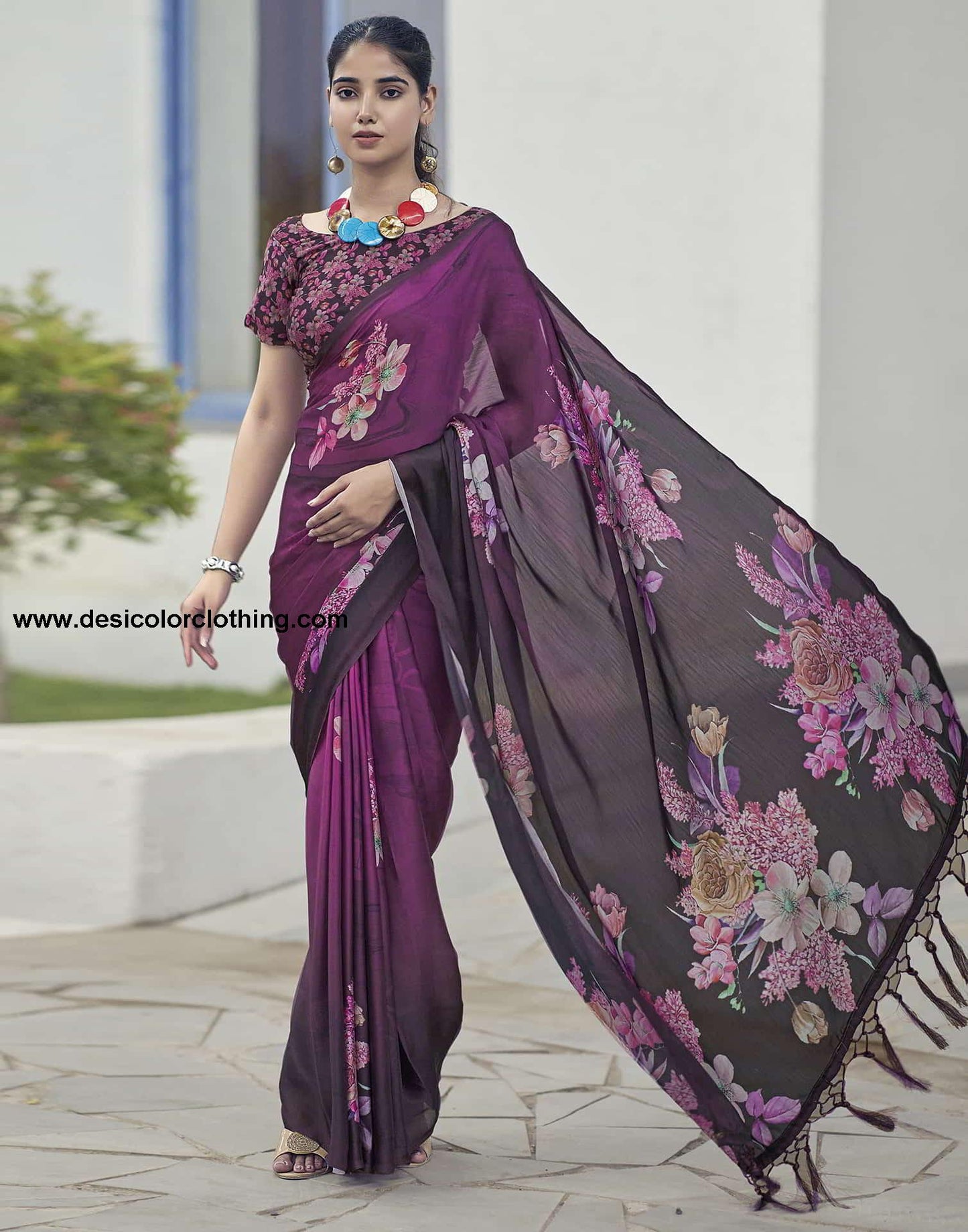 Black Printed Satin Saree