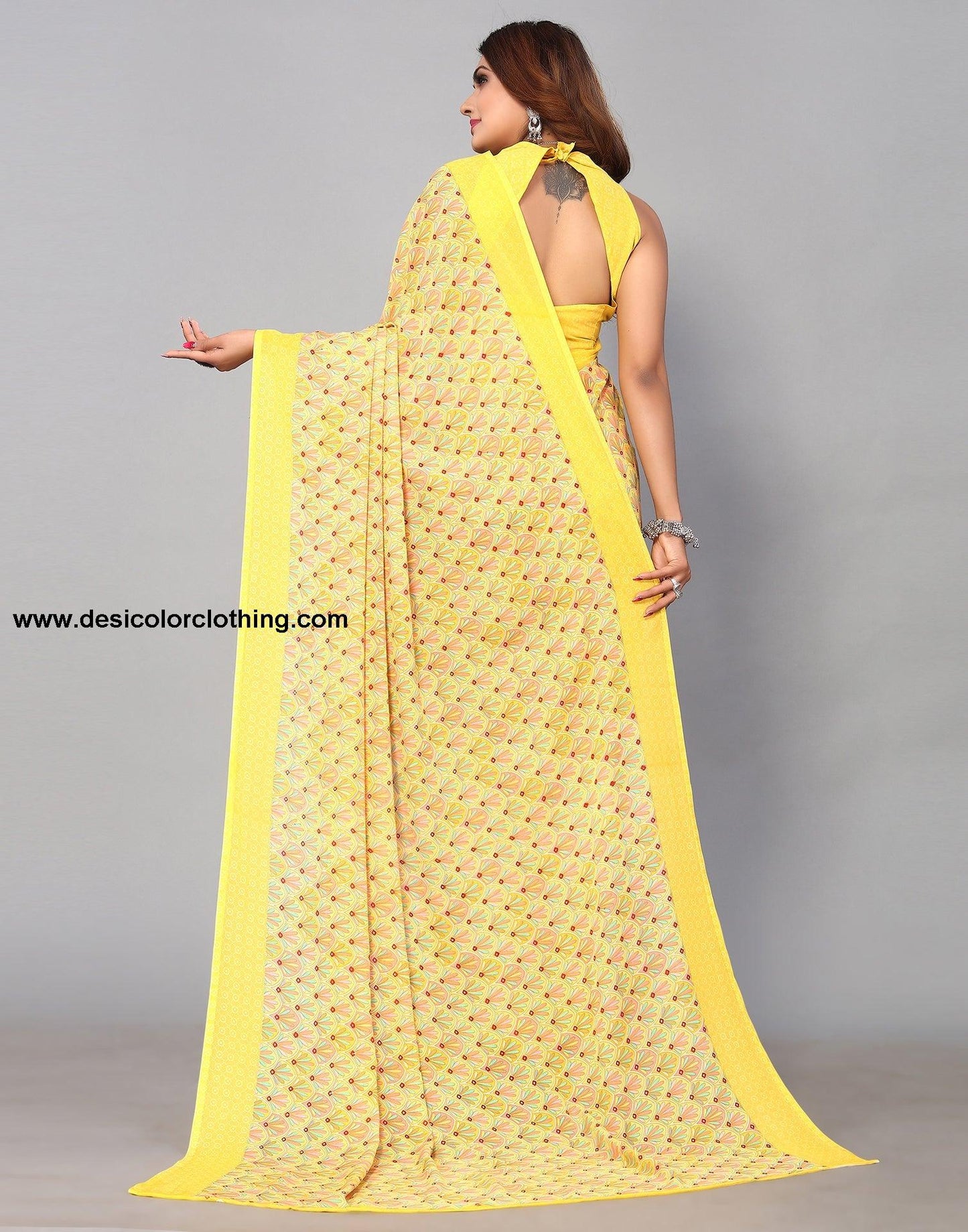 Yellow Georgette Printed Saree