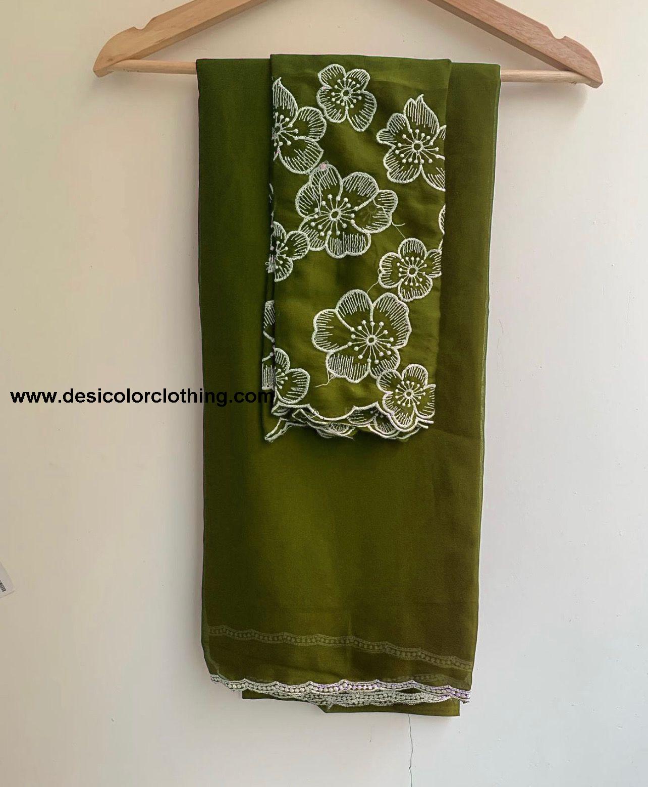 White Rose Chinon Saree with Multi-Embroidery and Piping Work