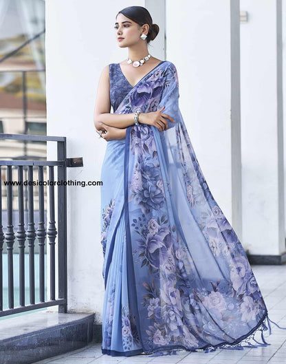 Blue Printed Georgette Saree