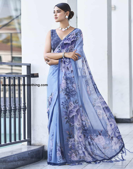 Blue Printed Georgette Saree