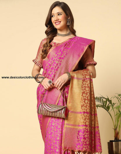 Pink. Beige Banarasi Silk Saree