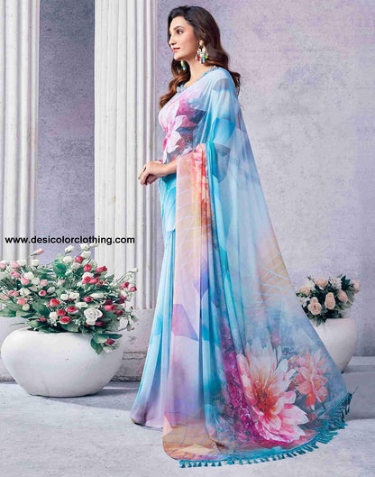 Blue Georgette Printed Saree
