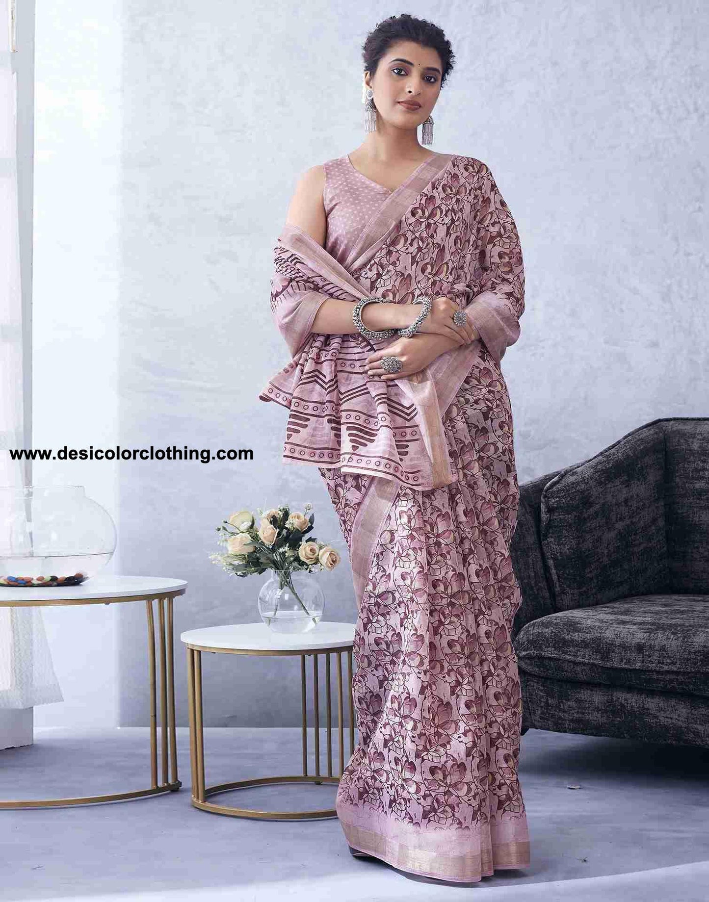 Pink Cotton Printed Saree