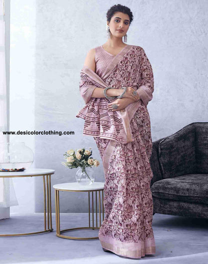 Pink Cotton Printed Saree