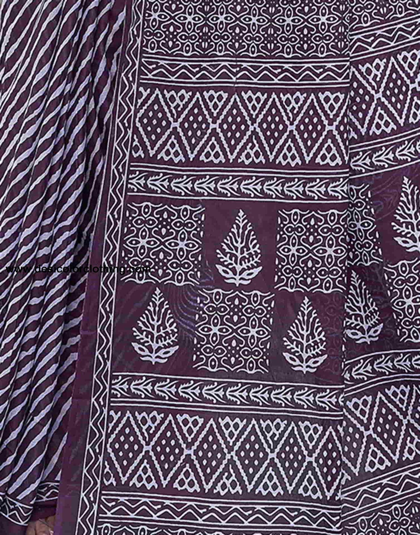 Wine Printed Cotton Leheriya Saree